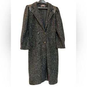 1980s VINTAGE Genuine Leather Wool Tweed Strong Shoulders Long Woman’s Coat